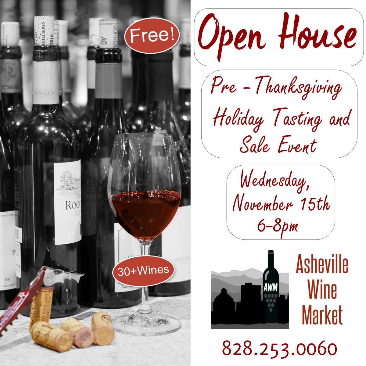 open house thanksgiving 2019- bw red glass and corks - Asheville Wine ...